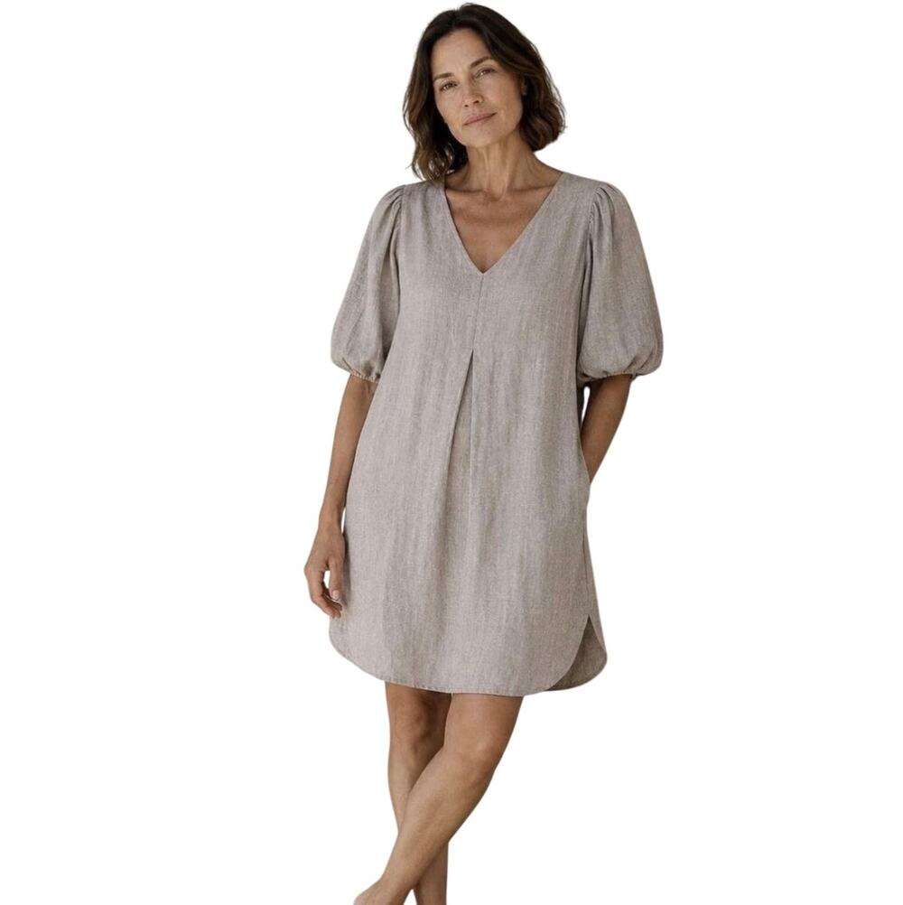 Cynthia Rowley Linen Short Sleeve Shift Dress Tan Beige Oat Small